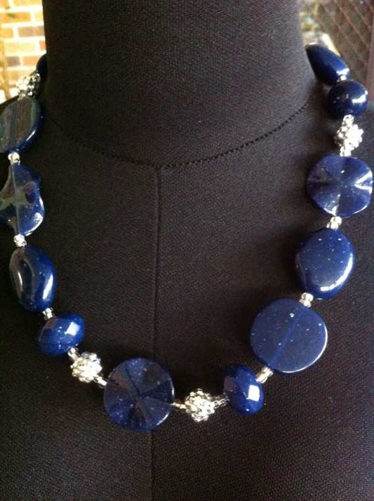 Navy Silver Beaded Necklace, 54cm