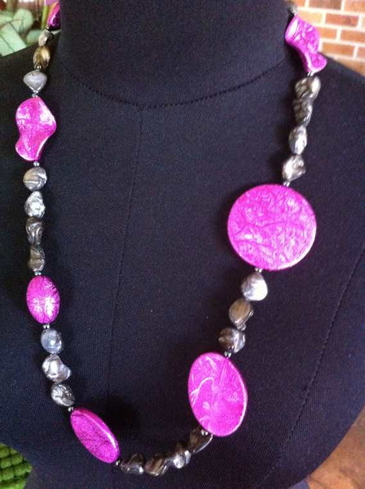 Large Fuschia Beads, Beaded Necklace, 66cm