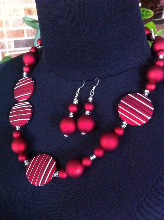 Red Velvet Beaded Necklace, 54cm  - plus Earrings