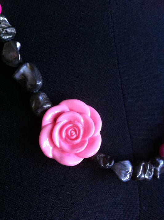 Pink Focal Flower Bead, Grey Nugget Beaded Necklace, 54cm
