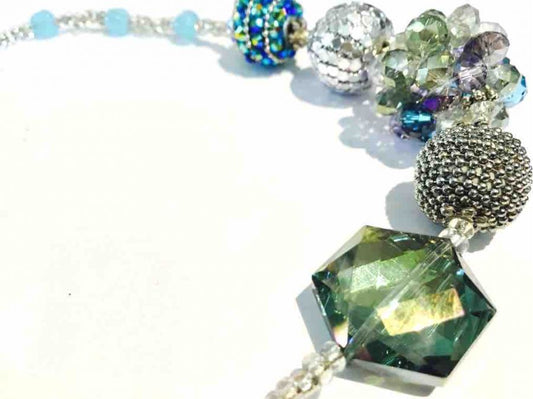Chunky Necklace Handmade, Blue Silver tones 54cm  - Statement Necklace