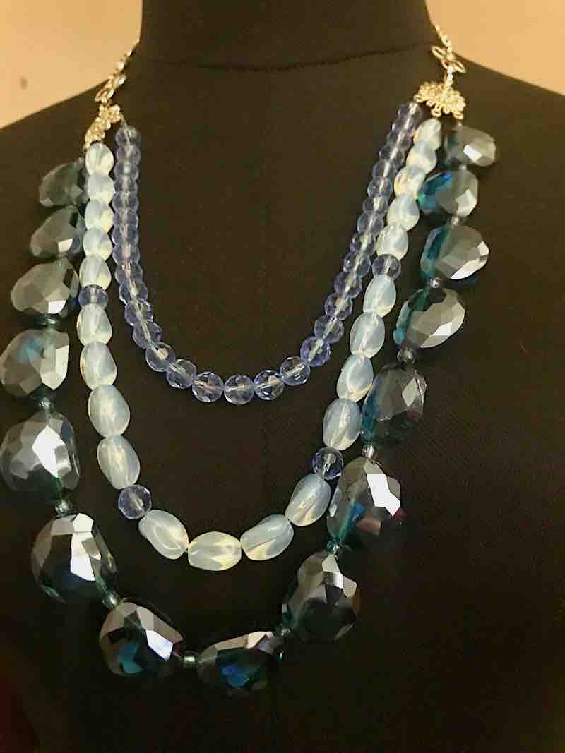 Handmade Crystal Glass, Blues and Teals, 3 Stranded Necklace, 60cms