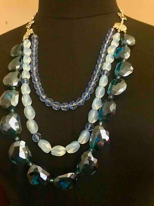Handmade Crystal Glass, Blues and Teals, 3 Stranded Necklace, 60cms