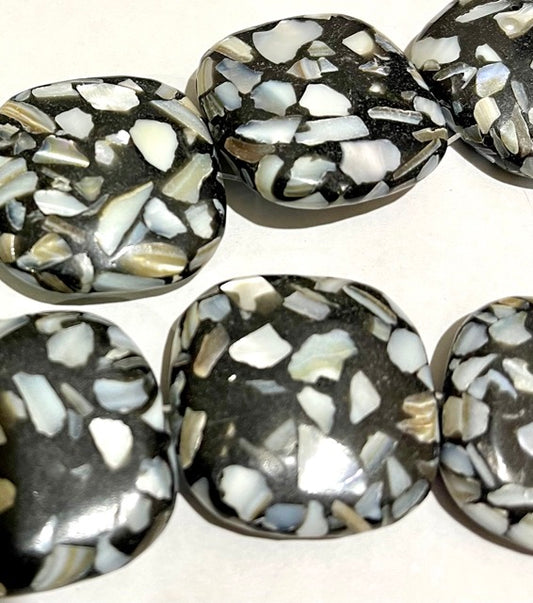 Mother of Pearl Shell and Resin Beads, 30mm black puffed square, 15inch strand