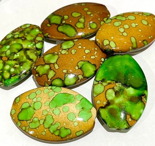 Bead, acrylic, green and brown, 50x32mm puffed oval. 10pcs