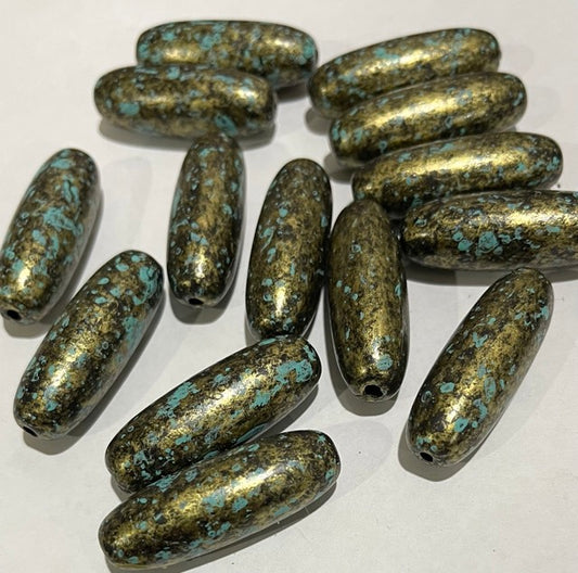 Bead, antiqued gold-finished plastic, blue-green and black, 35x12mm , 14pcs