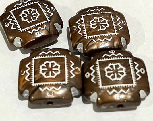 Acrylic bead bronze and white, 22x22mm double-sided Swiss cross with lines / dots / flower design, 2mm hole.  12pcs