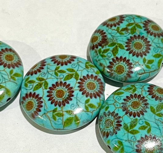Bead Acrylic, Round 25mm, Feature Bead blue with flower, 10pcs