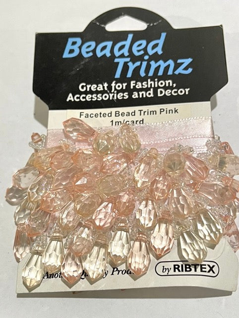 Beaded Trim, Faceted Acrylic Drop, 20mm drop, on satin tape, 1 metre