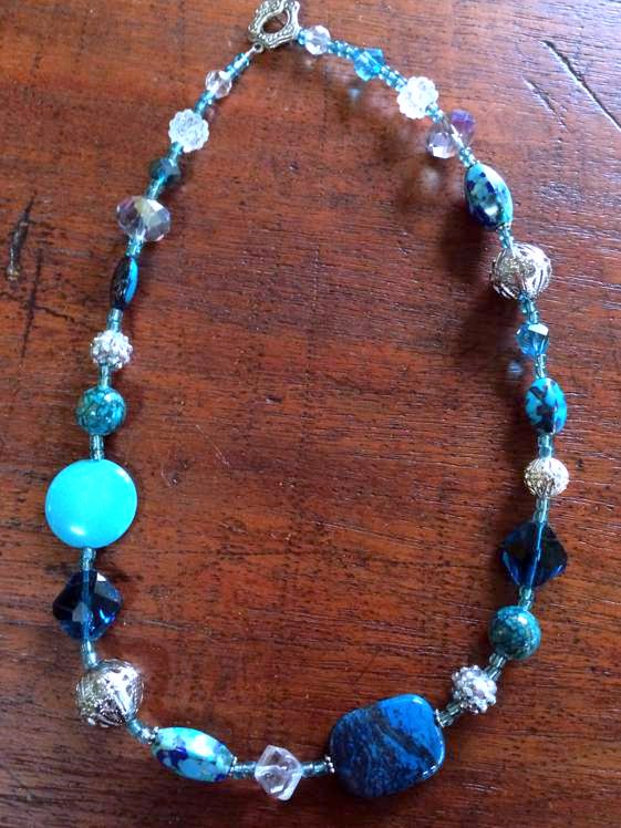 Handmade Beaded Necklace 54 cm, Blues And Silver