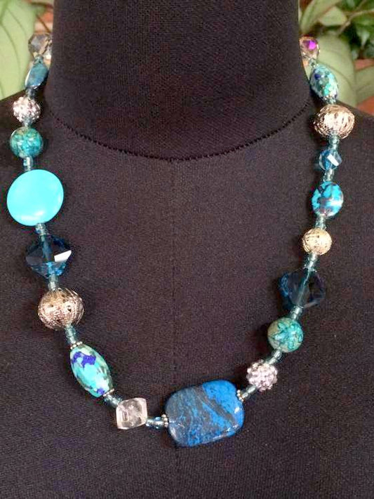 Handmade Beaded Necklace 54 cm, Blues And Silver