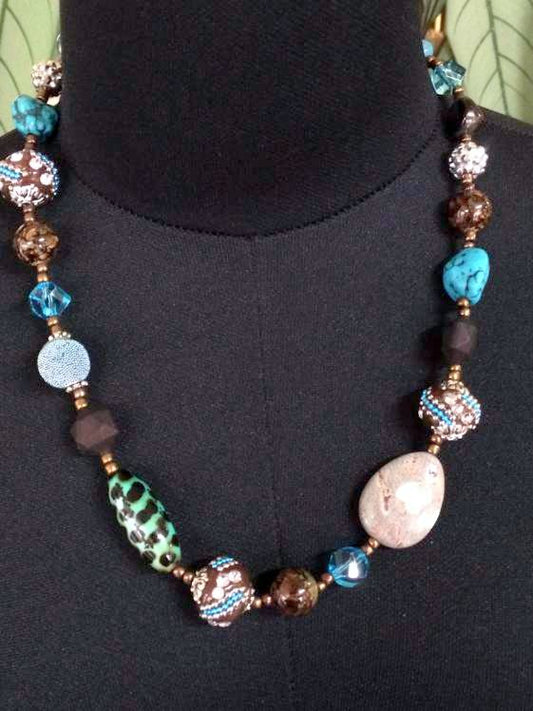 Handmade Beaded Necklace 54 cm, Blues, Copper, Silver