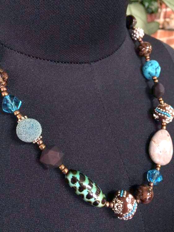 Handmade Beaded Necklace 54 cm, Blues, Copper, Silver