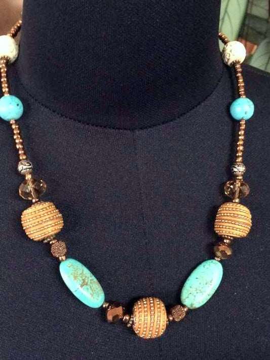 Handmade Beaded Necklace 53 cm, Bluey Green, Copper, Silver
