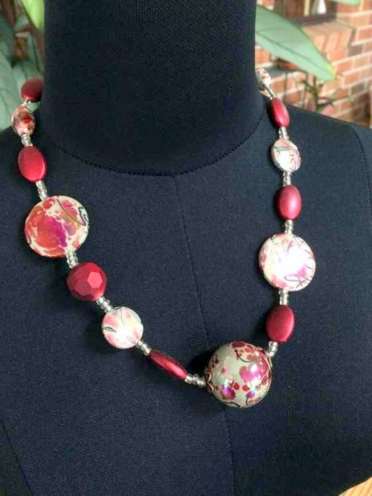 Handmade Beaded Necklace 54 cm, Dark Red, Abstract Painted Beads