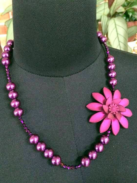 Handmade Beaded Necklace 54 cm, Dark Mulberry Coloured Flower