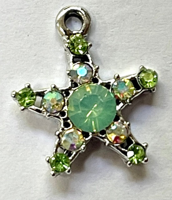 Antique Silver Star Charm, Green AB Rhinestone 19mm x 16mm, 10 PCs