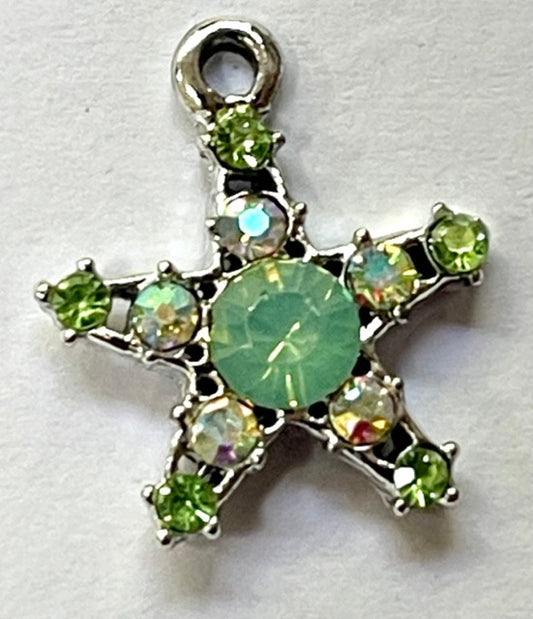 Antique Silver Star Charm, Green AB Rhinestone 19mm x 16mm, 10 PCs