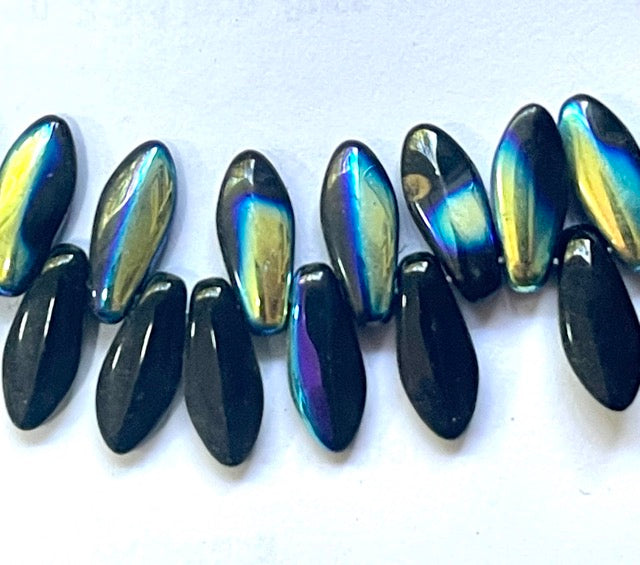 CZECH BEADS SHORT SPEAR 6/12MM  BLACK AB, 7 INCH STRAND