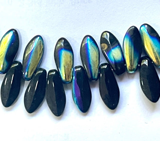 CZECH BEADS SHORT SPEAR 6/12MM  BLACK AB, 7 INCH STRAND
