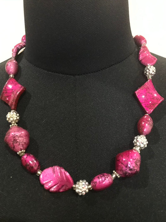 Fuchsia and Silver Beaded Necklace, 54cms