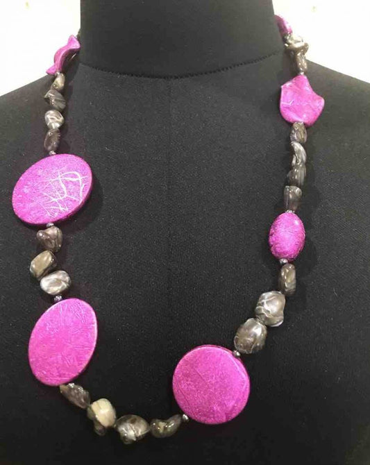 Beaded Necklace - Fuchsia and Grey Shell Beads, 66cm