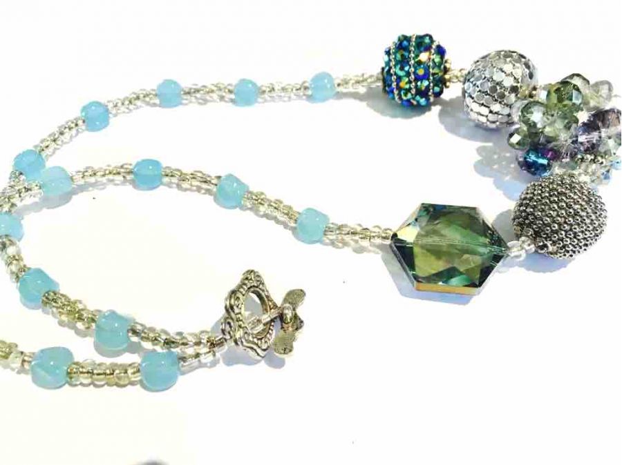 Chunky Necklace Handmade, Blue Silver tones 54cm  - Statement Necklace