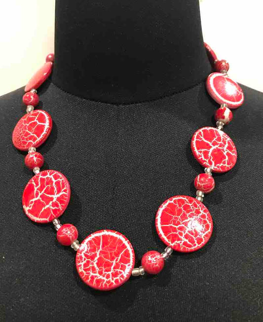 Red and Silver Crackle Beaded Necklace, 54cm