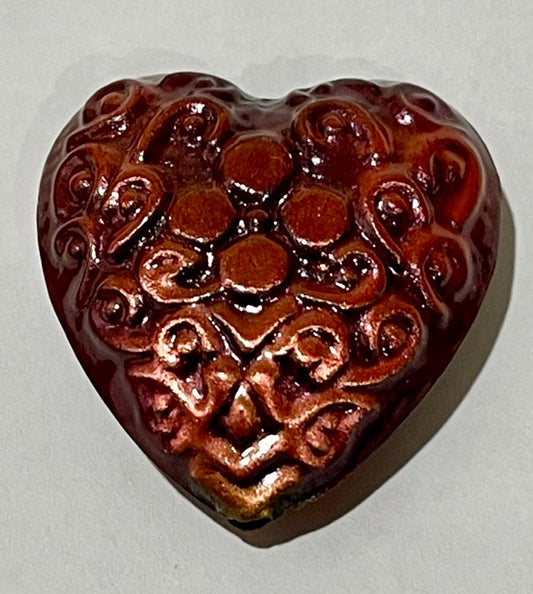 Metal Heart Bead, 30mm, Copper Plate, Embossed, 1pc