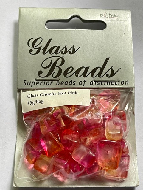 Glass Chunky Chip Beads, Hot Pink Orange 35gram bag