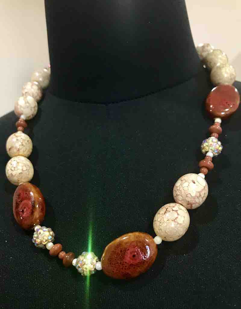 Beaded Necklace, Mottled Cream Beads with Brown Accents, 54cm