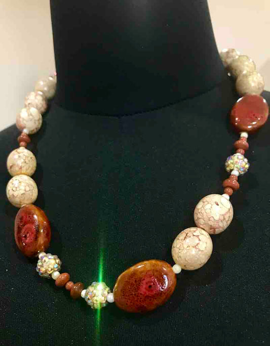 Beaded Necklace, Mottled Cream Beads with Brown Accents, 54cm