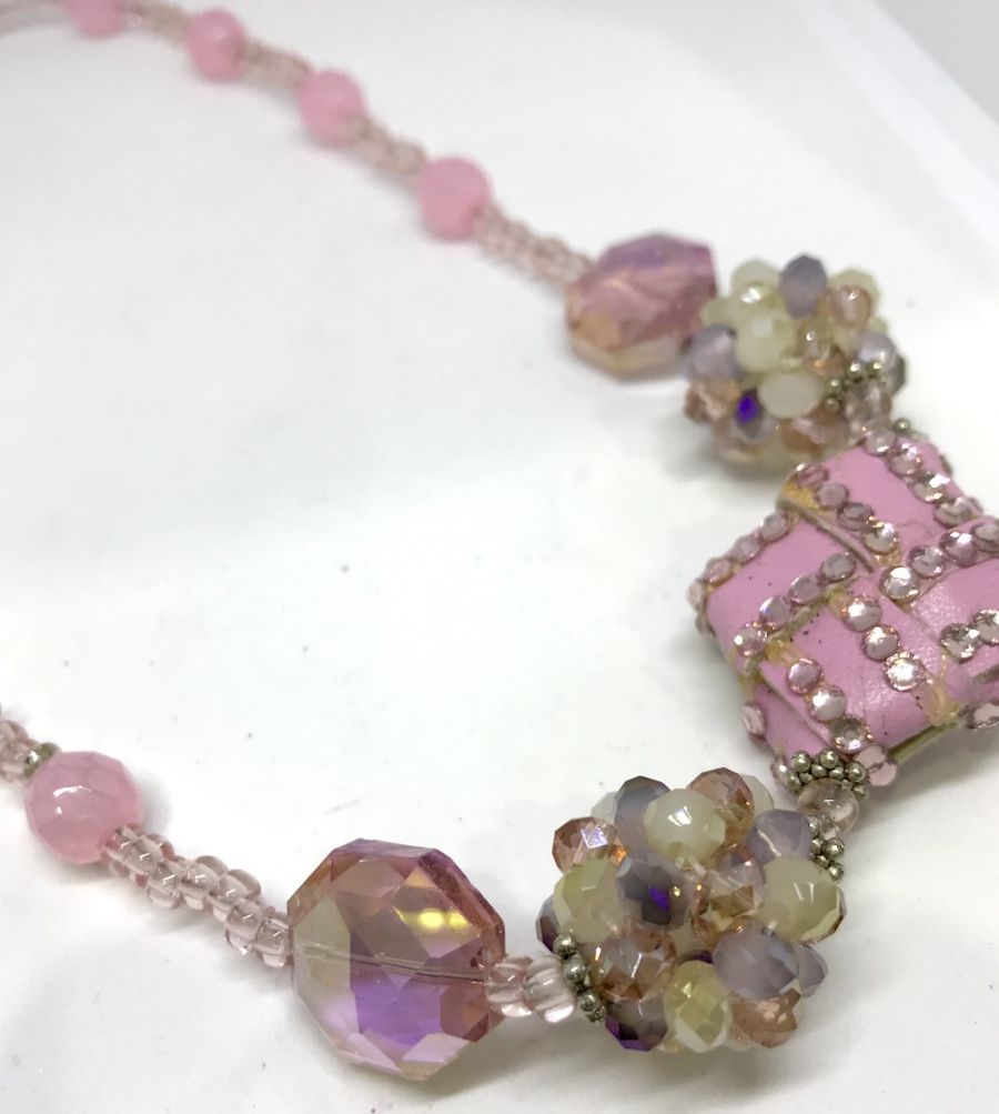 Chunky Necklace Handmade, Pinks Cream 54cm - Statement Necklace