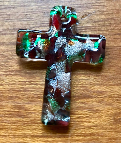 Glass Pendant, Cross, Multi Coloured 40 x 28mm, 1pc