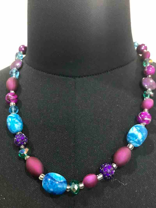 Handmade Beaded Necklace, Blues and Purple, 54cm -  plus matching earrings