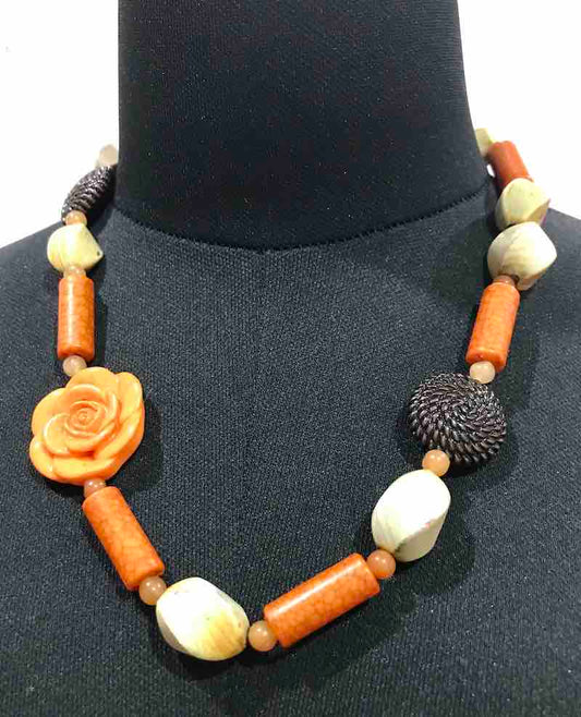 Chunky Orange Brown Necklace with Twisted Horn Beads, 54 cm