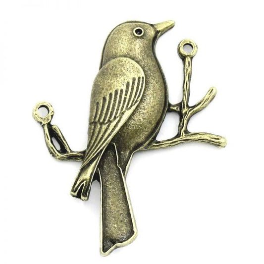 Antique Bronze Bird on Branch Charm Pendants 49x37mm, 9pcs