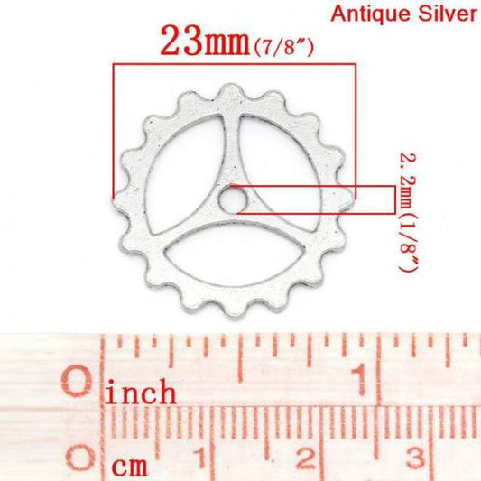 Antique Silver Gears Connector 23mm, 50pcs - great for steampunk projects