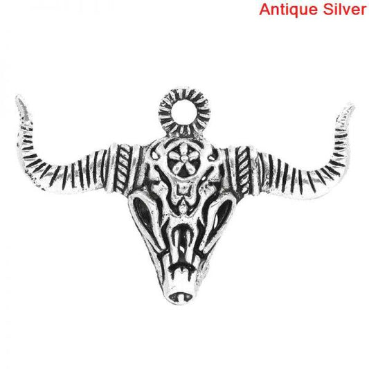 Antique Silver Charm Pendants, Ox Cow Head 45x30mm, 3D, 10PCs