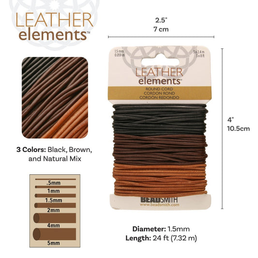 Leather Cord Mixed 1.5mm, Black Brown and Natural - 8 feet per colour