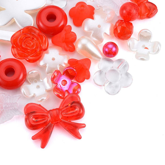 Acrylic Bead Mix, Mixed Shapes, Red  Clear tones, 50 grams