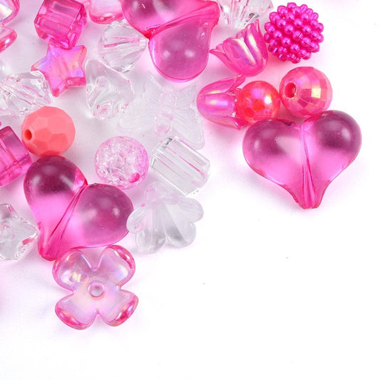 Acrylic Bead Mix, Mixed Shapes, Fuschia Clear tones, 50 grams