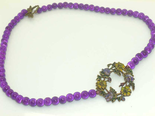 Handmade Beaded Necklace, Hand Painted Focal, with Purple Beads,  54cm