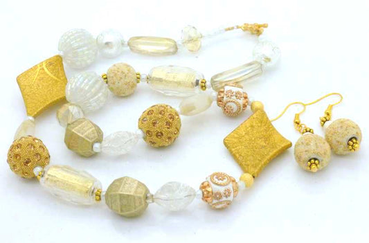 Galmour White and Gold Beaded Necklace 54cm plus Earrings, Style 1