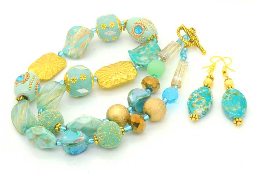 Golden Beach Beaded Necklace 54cm plus Earrings