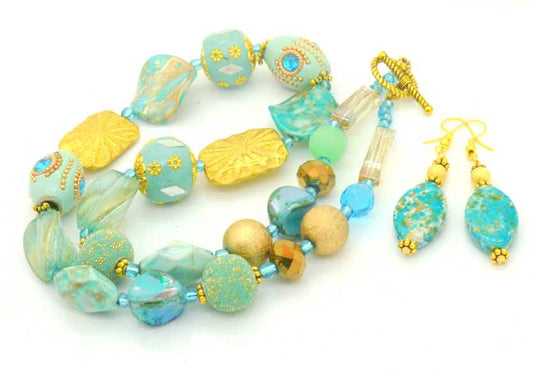 Golden Beach Beaded Necklace 54cm plus Earrings