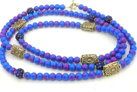 Blue and Purple Swirl Beaded Necklace 120 cm