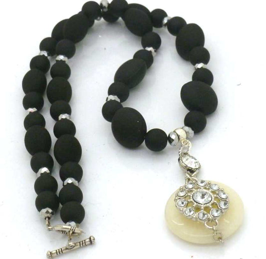 Black Necklace with Agate Rhinestone Pendant - 54cm