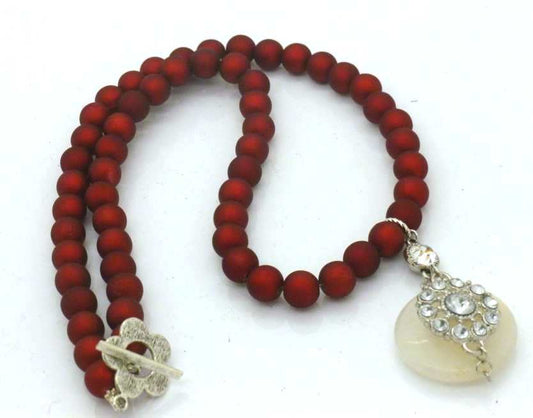 Red Velvet Necklace with Agate Rhinestone Pendant - 54cm