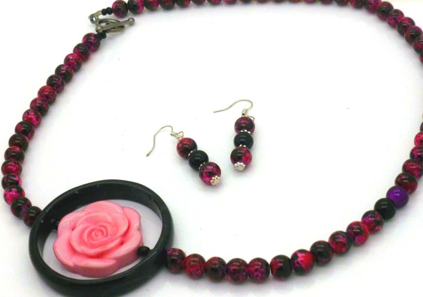 Pink Rose with Black Agate Beaded Necklace, 54cm - with Earrings